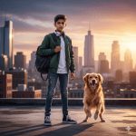 "Young stylish Indian boy with a playful dog on a rooftop, city skyline in golden hour, modern urban vibe, trendy fashion style."