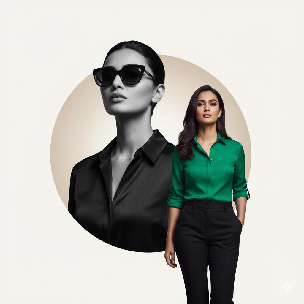 Ultra-realistic 12K fashion ad composite of the same elegant Indian woman in two poses — a monochrome close-up portrait behind with sleek hairstyle, bold eyeliner, dark sunglasses, and a black blouse, and a front color image of her walking gracefully in an emerald green shirt and high-waisted black trousers, set against a minimal beige gradient background.