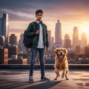 "Young stylish Indian boy with a playful dog on a rooftop, city skyline in golden hour, modern urban vibe, trendy fashion style."