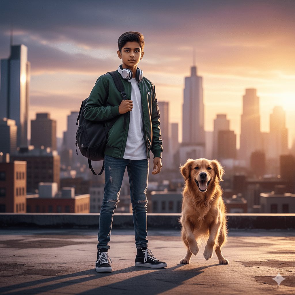 "Young stylish Indian boy with a playful dog on a rooftop, city skyline in golden hour, modern urban vibe, trendy fashion style."