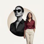 Ultra-realistic 12K fashion composite of an elegant Indian woman in two poses — one black-and-white close-up portrait in sunglasses and a classic blouse, and one full-color walking pose in a deep wine-red silk shirt and cream trousers on a soft beige background.