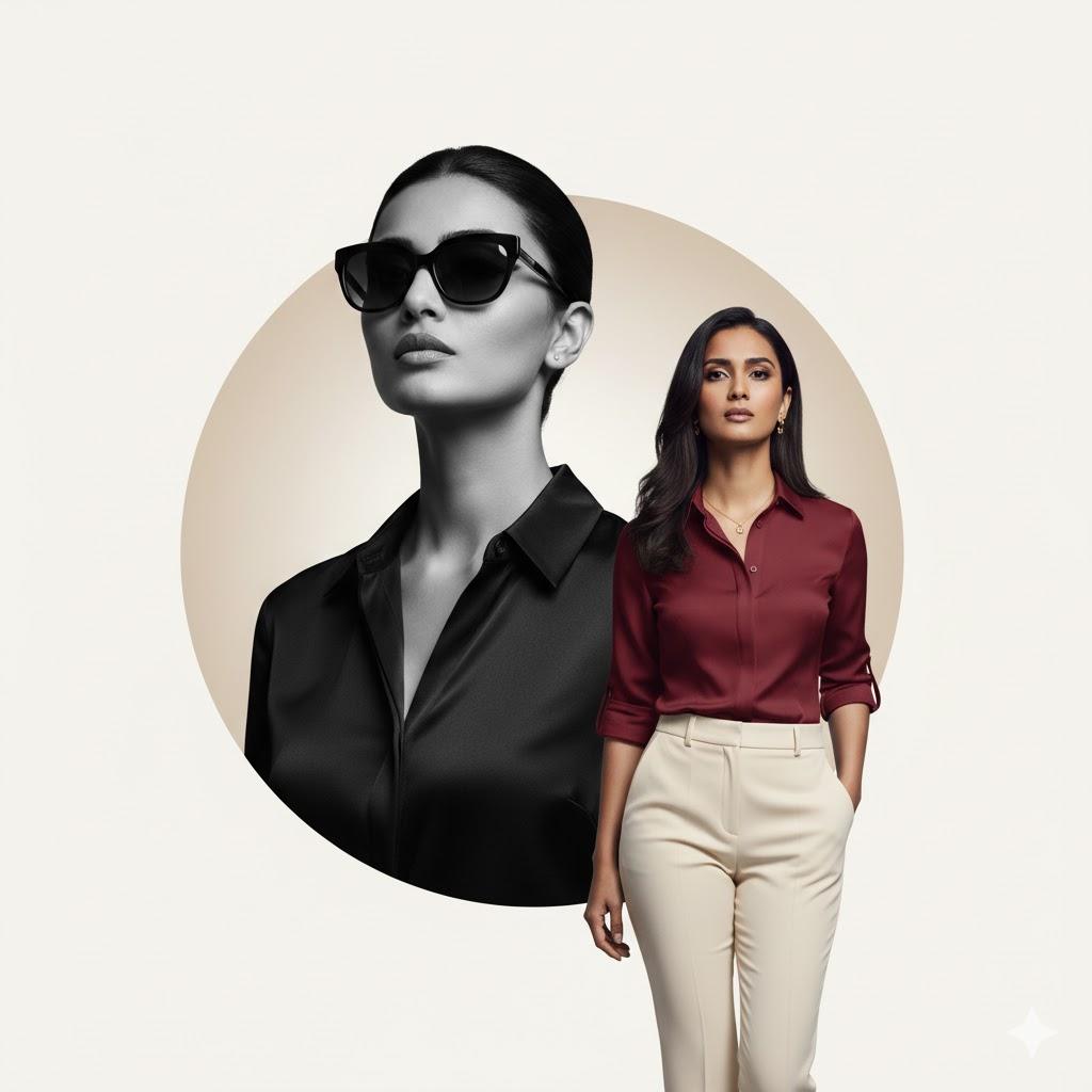 Ultra-realistic 12K fashion composite of an elegant Indian woman in two poses — one black-and-white close-up portrait in sunglasses and a classic blouse, and one full-color walking pose in a deep wine-red silk shirt and cream trousers on a soft beige background.