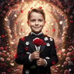 A 6-year-old boy in a black suit holding a red rose with petals floating around him, set against a blurred enchanted garden background with soft golden bokeh light. Ultra-detailed, cinematic 8K portrait with a dreamy, magical atmosphere.