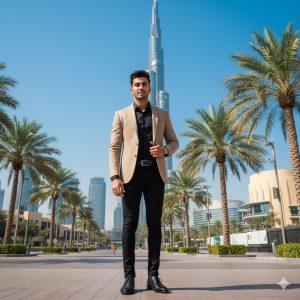"Ultra-realistic cinematic portrait of a handsome Indian boy standing confidently near Dubai Mall wearing a beige blazer, black shirt, and slim-fit trousers with the Burj Khalifa and palm trees in the background under a clear blue sky."