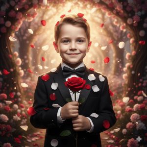 A 6-year-old boy in a black suit holding a red rose with petals floating around him, set against a blurred enchanted garden background with soft golden bokeh light. Ultra-detailed, cinematic 8K portrait with a dreamy, magical atmosphere.