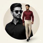 12K ultra-realistic fashion composite of a stylish Indian man in two poses — a black-and-white close-up portrait with neat hair, sunglasses, and a classic black shirt, and a color full-body shot of him walking confidently in a deep wine-red dress shirt and cream trousers, set against a soft beige gradient background for a luxury editorial aesthetic.