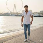 Ultra-realistic 8K cinematic AI portrait of a young Indian boy walking along the Dubai JBR beach walk, wearing a white shirt, blue jeans, and white sneakers, with yachts and Ain Dubai wheel in the background under soft sunlight.