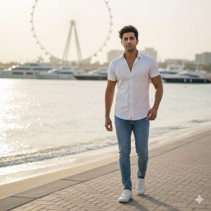 Ultra-realistic 8K cinematic AI portrait of a young Indian boy walking along the Dubai JBR beach walk, wearing a white shirt, blue jeans, and white sneakers, with yachts and Ain Dubai wheel in the background under soft sunlight.