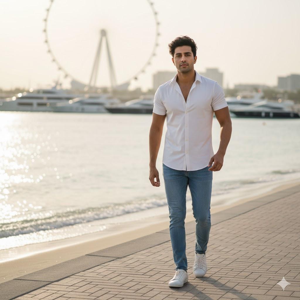 Ultra-realistic 8K cinematic AI portrait of a young Indian boy walking along the Dubai JBR beach walk, wearing a white shirt, blue jeans, and white sneakers, with yachts and Ain Dubai wheel in the background under soft sunlight.