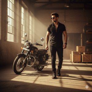 Cinematic 8K photo of a stylish man in a black shirt and sunglasses walking away from a parked black Royal Enfield motorcycle inside an urban warehouse with warm sunlight and strong shadows.
