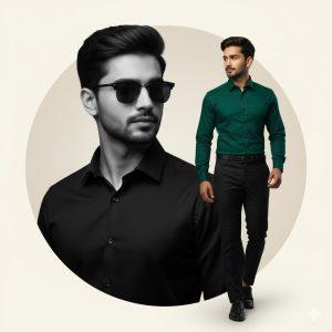 Ultra-realistic 12K fashion ad composite featuring the same stylish woman in two poses — a monochrome close-up portrait with sleek hair and sunglasses behind, and a full-color shot in front wearing a dark green dress shirt and black trousers, set against a soft beige gradient background.