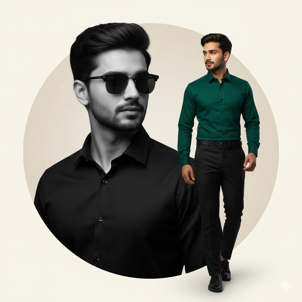 Ultra-realistic 12K fashion ad composite featuring the same stylish woman in two poses — a monochrome close-up portrait with sleek hair and sunglasses behind, and a full-color shot in front wearing a dark green dress shirt and black trousers, set against a soft beige gradient background.