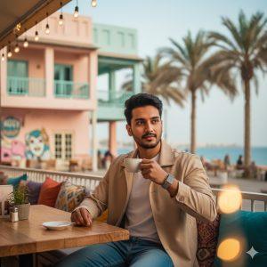 Ultra-realistic cinematic AI portrait of a young man sitting at an outdoor café in La Mer, Dubai, sipping coffee while dressed in a beige jacket, white T-shirt, and jeans, surrounded by palm trees, pastel buildings, and artistic coastal vibes.