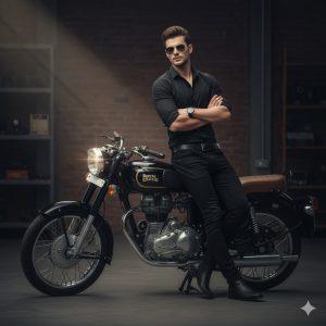 Ultra-realistic 8K cinematic portrait of a young man leaning against his black Royal Enfield motorcycle, arms folded with a subtle smile and sunglasses, under moody cinematic lighting that highlights his face and bike chrome.