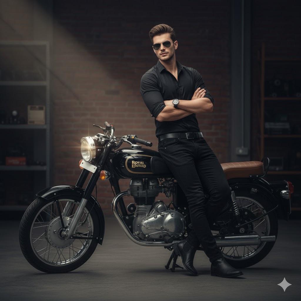 Ultra-realistic 8K cinematic portrait of a young man leaning against his black Royal Enfield motorcycle, arms folded with a subtle smile and sunglasses, under moody cinematic lighting that highlights his face and bike chrome.