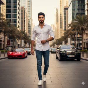 Ultra-realistic 8K cinematic photograph of a handsome young Indian man walking confidently on a luxury Dubai Marina street, wearing a white shirt, slim-fit jeans, designer watch, and white sneakers, with styled hair and light beard. Luxury cars and glass towers shimmer in golden sunlight, soft lens blur, and cinematic color grading enhance the scene.