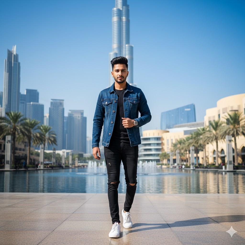 Ultra-realistic 8K cinematic AI portrait of a stylish young man in a denim jacket, black jeans, and sneakers walking confidently near Dubai Mall fountains with the Burj Khalifa in the background under a clear blue sky.