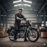 Ultra-realistic 8K cinematic portrait of a handsome young man wearing an all-black outfit and sunglasses, confidently sitting on a classic black Royal Enfield motorcycle inside a moody industrial warehouse with soft diffused lighting and cinematic depth.