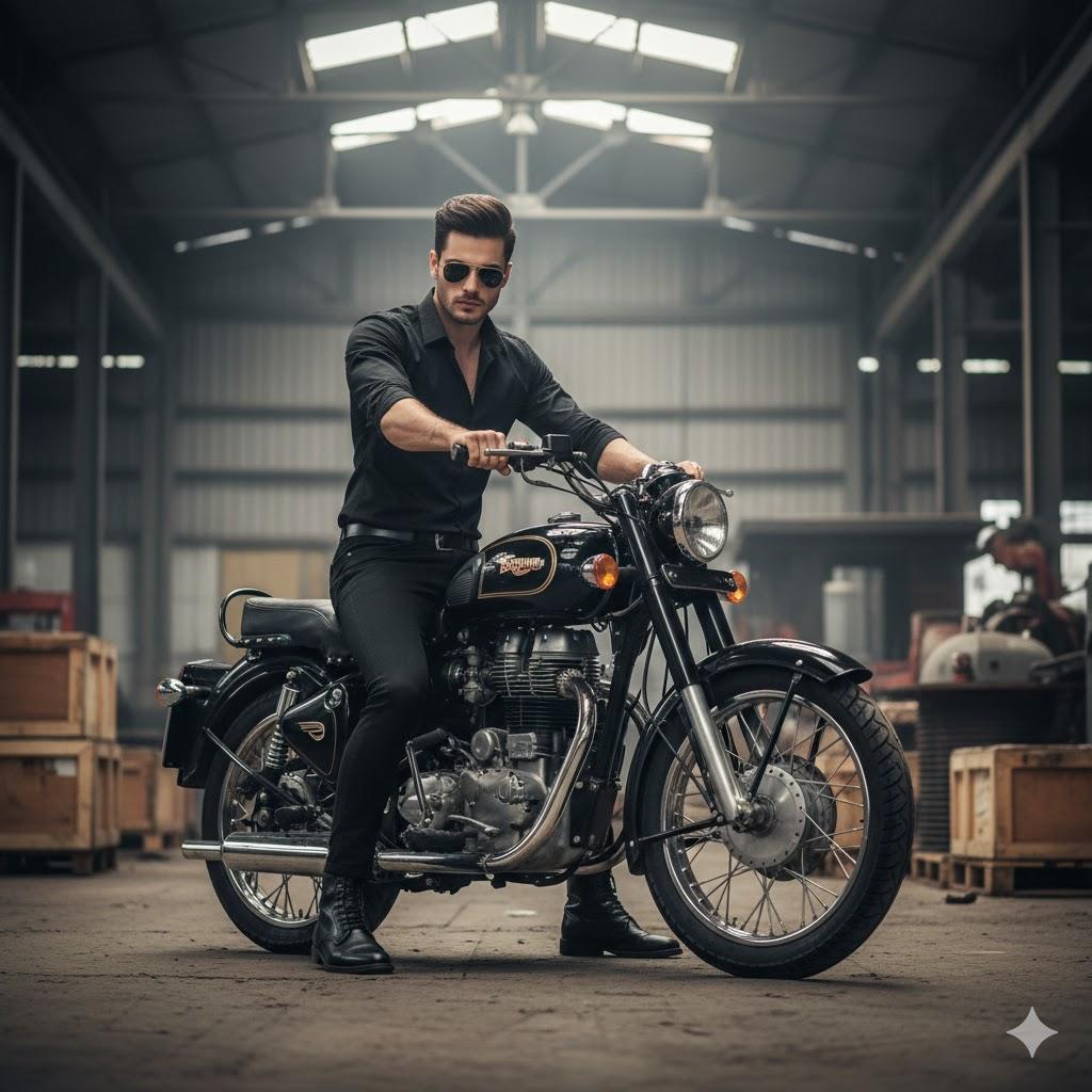 Ultra-realistic 8K cinematic portrait of a handsome young man wearing an all-black outfit and sunglasses, confidently sitting on a classic black Royal Enfield motorcycle inside a moody industrial warehouse with soft diffused lighting and cinematic depth.