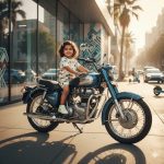 "2-year-old Indian baby girl in modern shorts and T-shirt sitting confidently on a bullet motorcycle, styled in soft curls and tiny sneakers, outdoor setting with natural daylight."