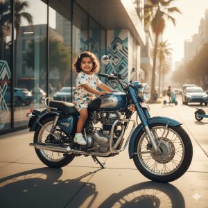"2-year-old Indian baby girl in modern shorts and T-shirt sitting confidently on a bullet motorcycle, styled in soft curls and tiny sneakers, outdoor setting with natural daylight."