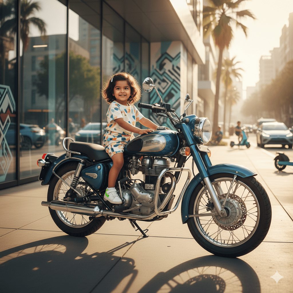"2-year-old Indian baby girl in modern shorts and T-shirt sitting confidently on a bullet motorcycle, styled in soft curls and tiny sneakers, outdoor setting with natural daylight."