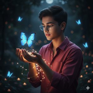 Portrait of a young boy with short dark hair and round clear glasses, wearing a deep-rose casual shirt, holding fairy lights with a glowing blue butterfly above his hands. The dreamy, magical-realism scene captures his serene expression in a nocturnal 3/4 view.