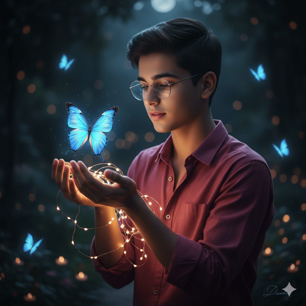 Portrait of a young boy with short dark hair and round clear glasses, wearing a deep-rose casual shirt, holding fairy lights with a glowing blue butterfly above his hands. The dreamy, magical-realism scene captures his serene expression in a nocturnal 3/4 view.