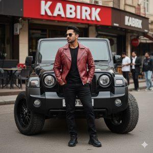 Ultra-realistic cinematic 8K photo of a stylish man standing confidently in front of a luxury black Mahindra Thar SUV with massive custom alloy wheels and rugged off-road tires. He wears a black and red leather jacket over a black t-shirt, black trousers, black sneakers, and dark sunglasses. His face and hairstyle match the reference photo exactly. The urban street background shows a restaurant sign "KABIRKK", outdoor seating, and casually dressed people. Natural daylight, hyper-detailed textures on the car, clothes, and pavement, HDR quality, cinematic composition, vibrant yet realistic colors.