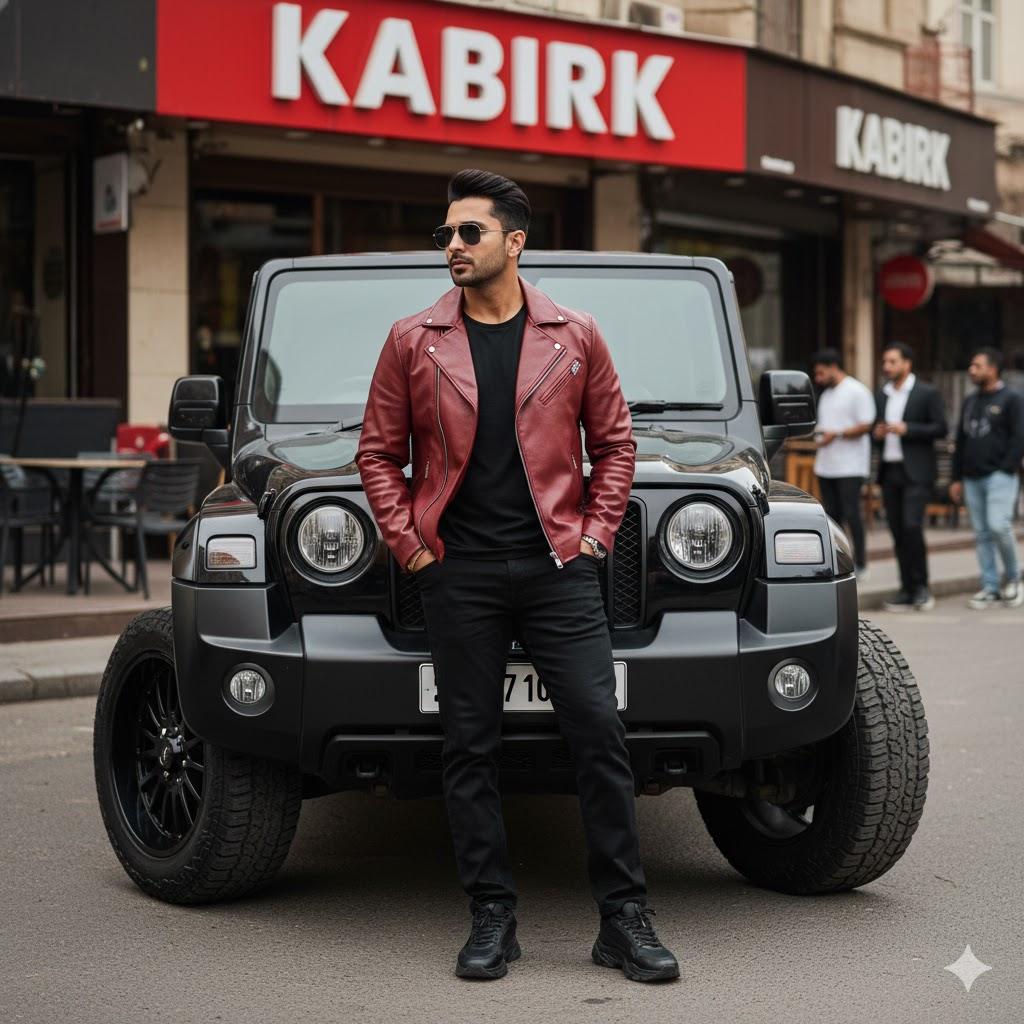 Ultra-realistic cinematic 8K photo of a stylish man standing confidently in front of a luxury black Mahindra Thar SUV with massive custom alloy wheels and rugged off-road tires. He wears a black and red leather jacket over a black t-shirt, black trousers, black sneakers, and dark sunglasses. His face and hairstyle match the reference photo exactly. The urban street background shows a restaurant sign "KABIRKK", outdoor seating, and casually dressed people. Natural daylight, hyper-detailed textures on the car, clothes, and pavement, HDR quality, cinematic composition, vibrant yet realistic colors.