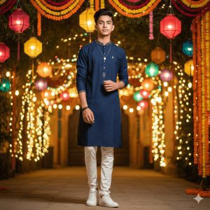 A teenage boy stands in a vibrant outdoor festive setting, wearing a modern fusion outfit featuring a minimally embroidered kurta, slim-fit trousers, and stylish sneakers. He accessorizes with a subtle bracelet and has neatly styled hair. The background is adorned with colorful lights and tasteful decorations, creating a lively cultural ambiance.