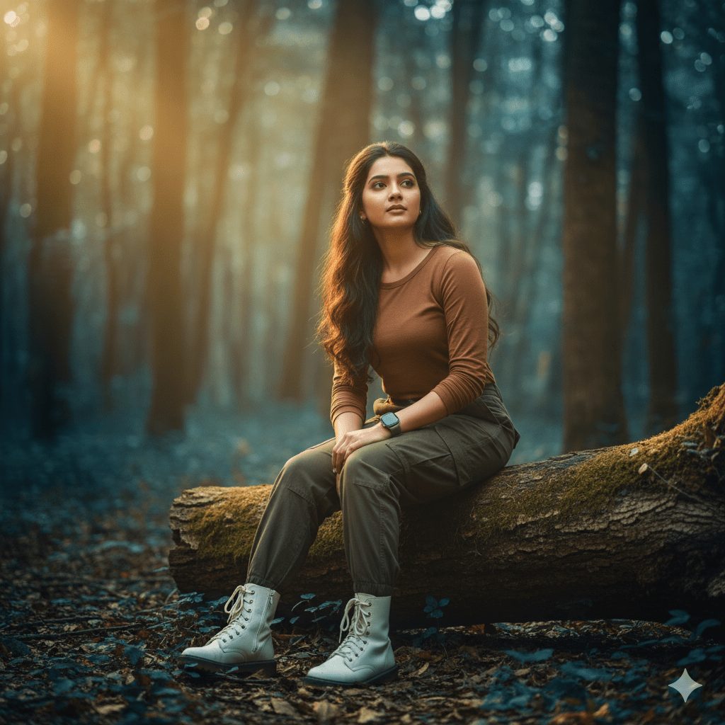 Ultra-realistic 4K cinematic portrait of a stylish young girl sitting on a tree trunk in a dreamy forest background, wearing a brown shirt, cargo pants, smartwatch, and white boots, with natural flowing black and brown hair, soft bokeh effect, and warm sunlight filtering through bluish-toned trees.