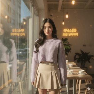 Trendy young woman in a pastel crop sweater and pleated skirt with minimal makeup, standing near a window café bathed in warm light. The clean, minimalist Korean-style background enhances the ultra-realistic 8K cinematic aesthetic.