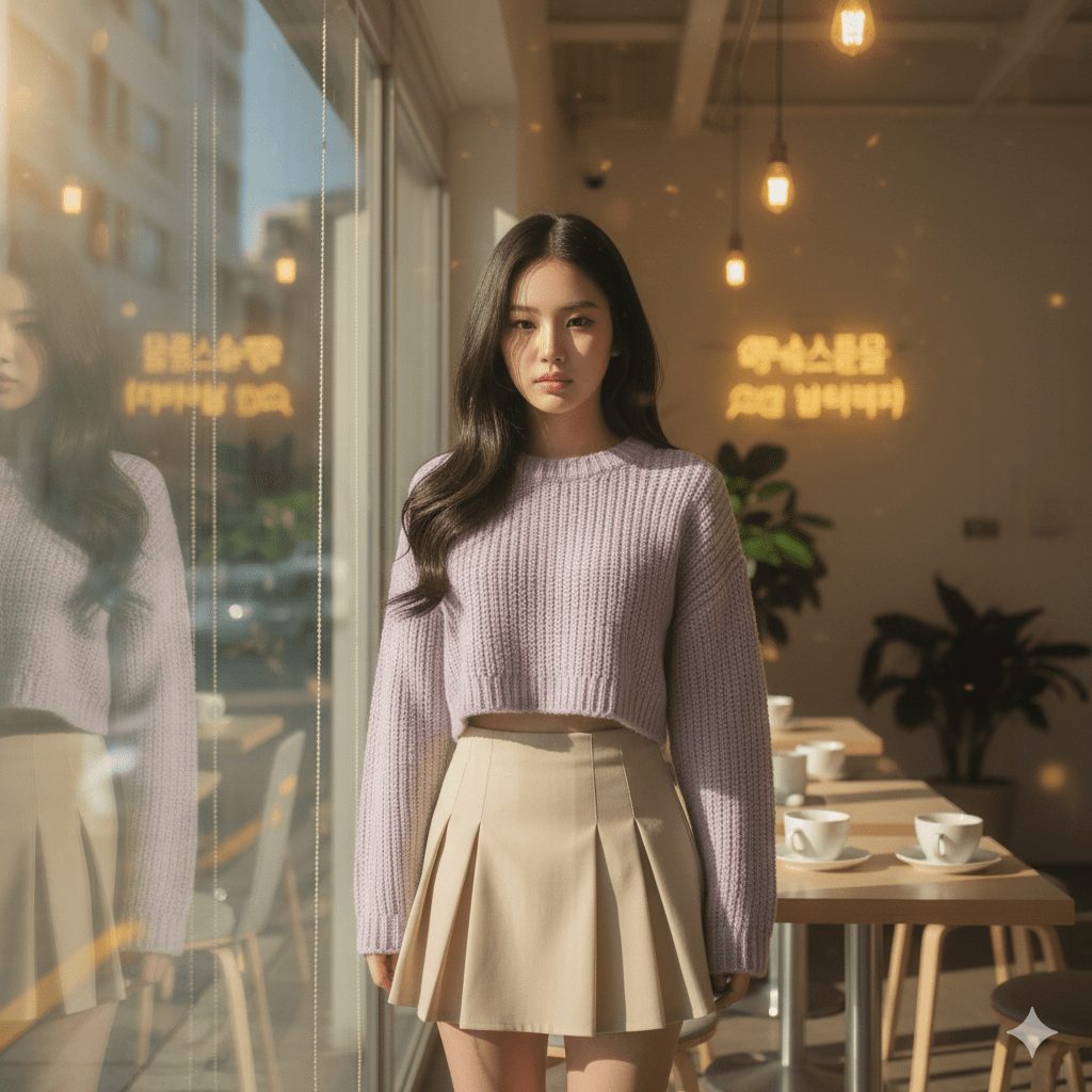 Trendy young woman in a pastel crop sweater and pleated skirt with minimal makeup, standing near a window café bathed in warm light. The clean, minimalist Korean-style background enhances the ultra-realistic 8K cinematic aesthetic.