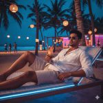 "A young stylish man at a Goa beach club at night, wearing a white linen shirt and khaki shorts, holding a tropical drink, surrounded by neon lights, palm trees, and party vibes."