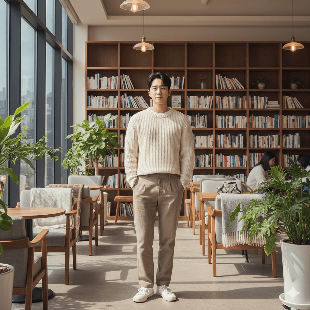 "Young Korean man in a sunlit modern library café wearing a mint green knit sweater and light gray pleated trousers, looking stylish and calm. Cozy café interior with wooden shelves, books, hanging lights, indoor plants, and soft natural sunlight, ultra-realistic 8K, cinematic lighting, modern casual fashion vibe."