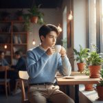 Ultra-realistic 8K image of a stylish young boy sitting at a cozy café, wearing a pastel knit sweater and beige trousers, sipping coffee while gazing out the window. Soft natural light illuminates his face, with a minimalistic interior featuring indoor plants and cinematic warm lighting.