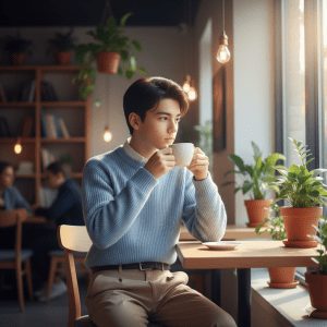 Ultra-realistic 8K image of a stylish young boy sitting at a cozy café, wearing a pastel knit sweater and beige trousers, sipping coffee while gazing out the window. Soft natural light illuminates his face, with a minimalistic interior featuring indoor plants and cinematic warm lighting.