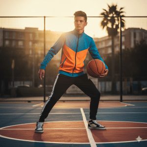 Ultra-realistic 8K image of a teenage boy in modern sportswear, wearing a fitted track jacket, joggers, and high-top sneakers, striking a casual basketball pose on a sunny outdoor court. Vibrant colors, dynamic action shot, and cinematic depth of field create an energetic urban style.