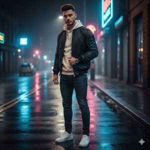 A stylish young man in his early 20s stands confidently on a modern city street with wet pavement reflecting neon lights. He wears a sleek bomber jacket over a fitted hoodie, slim-fit jeans, clean white sneakers, and subtle accessories like a watch and chain. His trendy haircut completes the casual yet fashionable look under soft cinematic lighting in ultra-realistic 8K resolution.