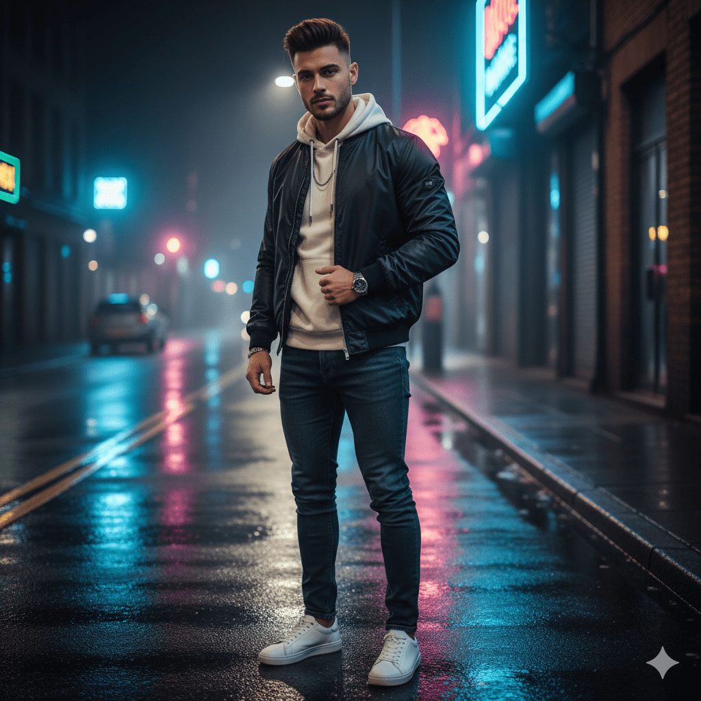 A stylish young man in his early 20s stands confidently on a modern city street with wet pavement reflecting neon lights. He wears a sleek bomber jacket over a fitted hoodie, slim-fit jeans, clean white sneakers, and subtle accessories like a watch and chain. His trendy haircut completes the casual yet fashionable look under soft cinematic lighting in ultra-realistic 8K resolution.