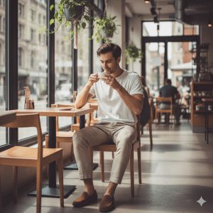A man in a plain white t-shirt, beige trousers, and loafers stands in a modern café, holding a coffee cup. The café is bathed in natural sunlight, creating a relaxed, aesthetic Instagram-style vibe with wooden furniture and soft lighting.