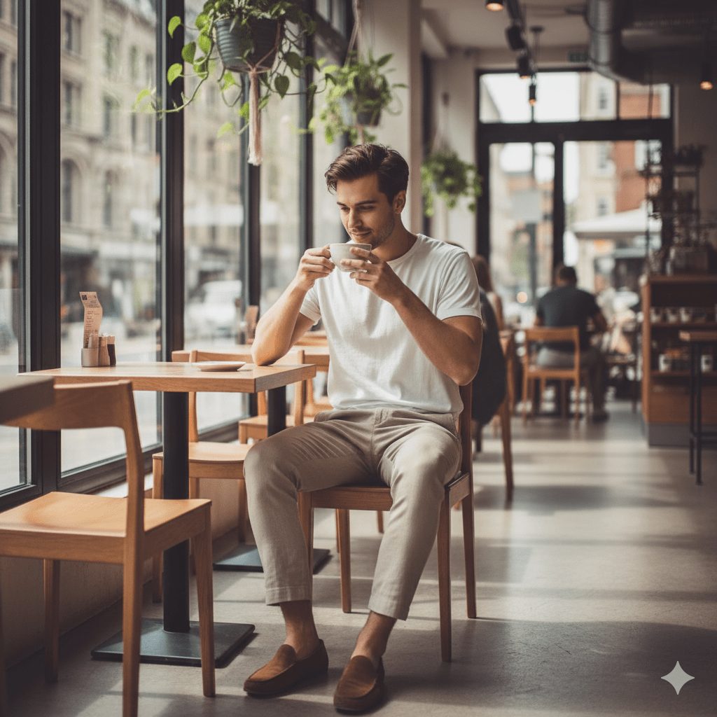 A man in a plain white t-shirt, beige trousers, and loafers stands in a modern café, holding a coffee cup. The café is bathed in natural sunlight, creating a relaxed, aesthetic Instagram-style vibe with wooden furniture and soft lighting.