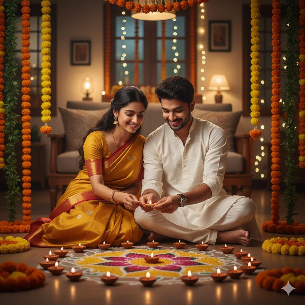 A young Indian couple celebrating Diwali at home, smiling as they light diyas together on the floor surrounded by marigold flowers and colorful rangoli. The woman wears a yellow saree and the man a white kurta, illuminated by warm golden festive light in an ultra-realistic 8K photograph with natural skin tones.