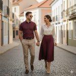 Ultra-realistic 8K cinematic image of a couple holding hands while walking on a charming vintage European street. The man wears a maroon shirt and beige chinos; the woman wears a beige satin blouse and maroon skirt. Warm tones, soft background, romantic and stylish atmosphere.