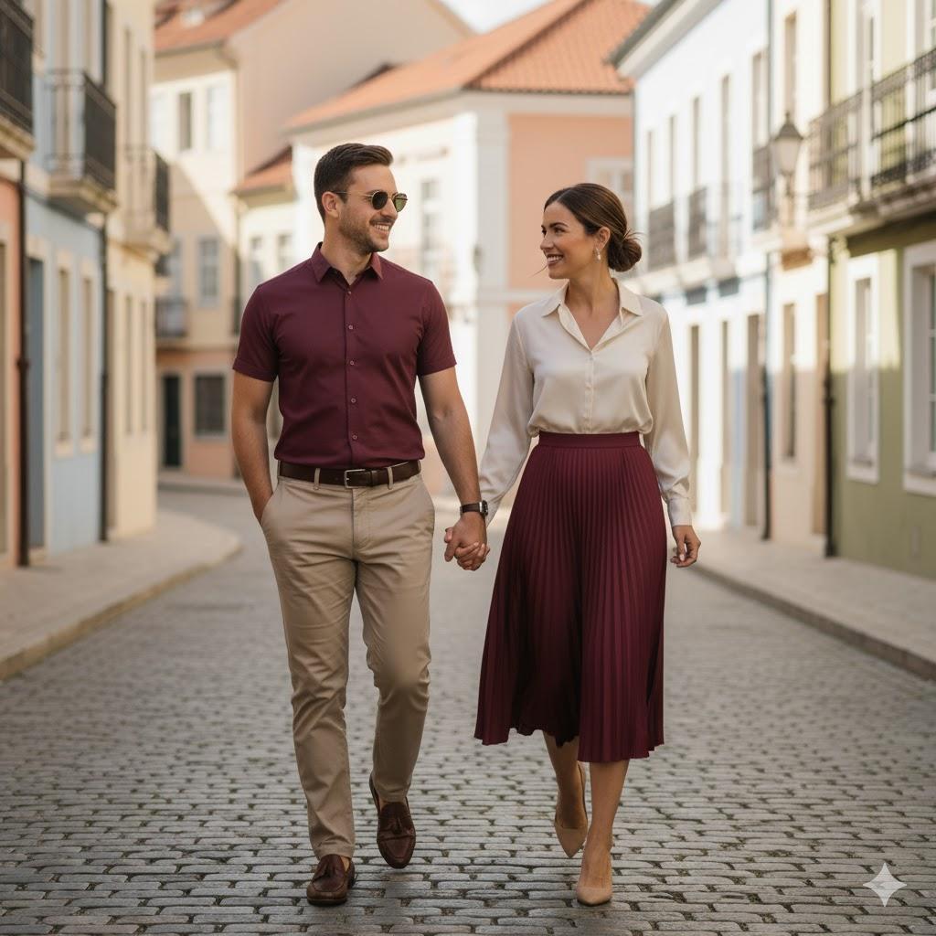 Ultra-realistic 8K cinematic image of a couple holding hands while walking on a charming vintage European street. The man wears a maroon shirt and beige chinos; the woman wears a beige satin blouse and maroon skirt. Warm tones, soft background, romantic and stylish atmosphere.