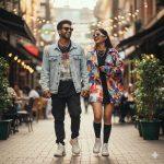 Realistic 8K cinematic image of a young Indian couple walking together on an urban street lined with trendy cafes, wearing stylish modern streetwear — oversized shirt, denim jacket, sneakers, and sunglasses — laughing naturally under warm sunlight with shallow focus for a high-fashion editorial look.