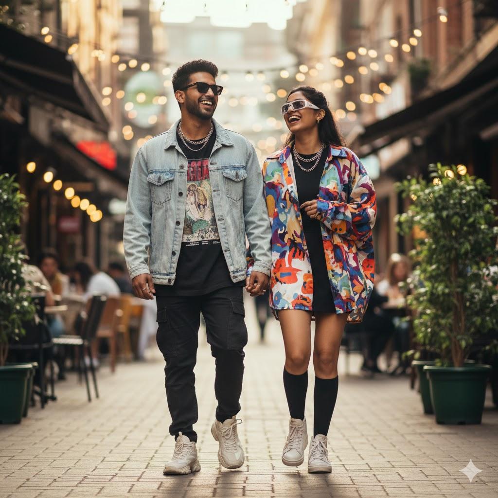 Realistic 8K cinematic image of a young Indian couple walking together on an urban street lined with trendy cafes, wearing stylish modern streetwear — oversized shirt, denim jacket, sneakers, and sunglasses — laughing naturally under warm sunlight with shallow focus for a high-fashion editorial look.