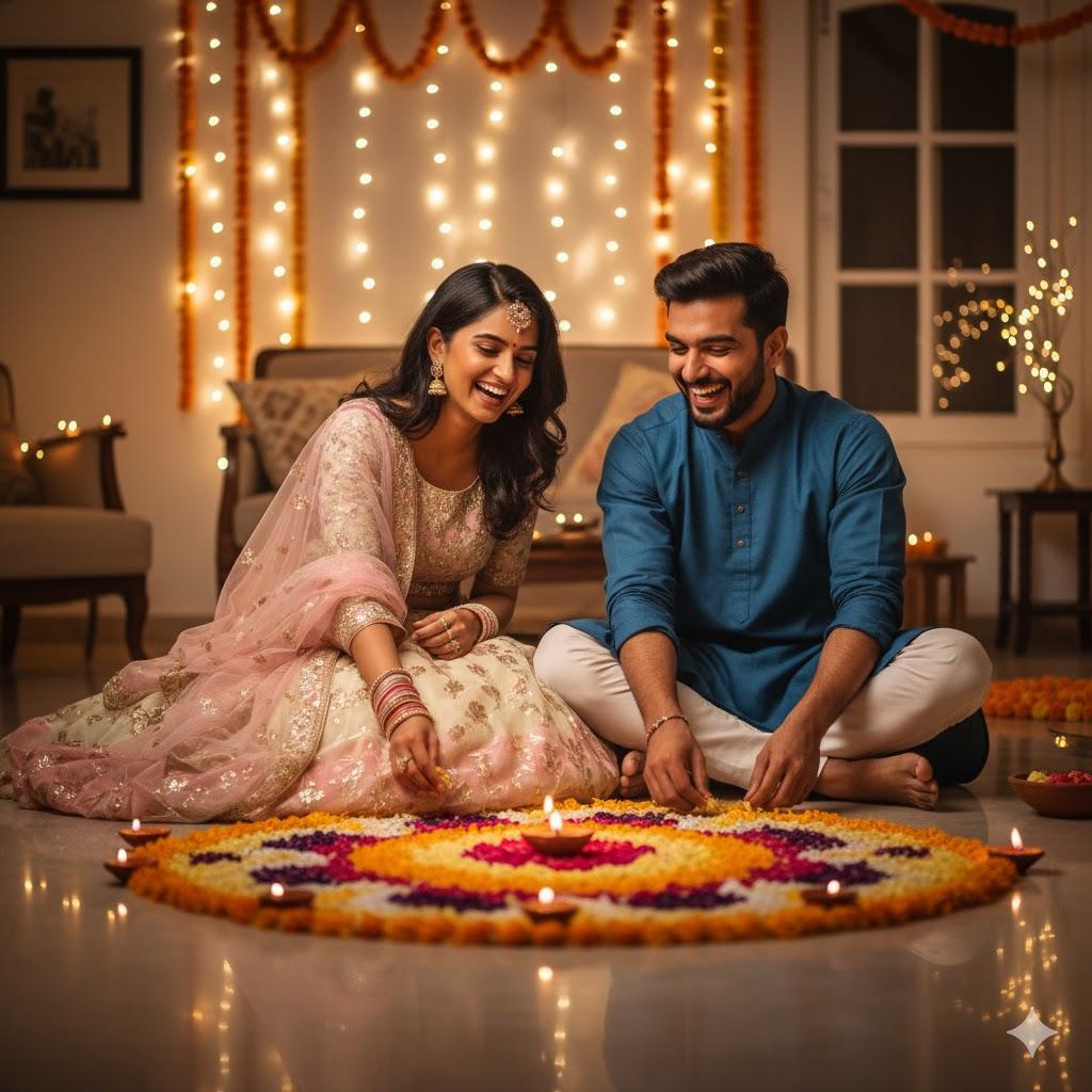 A young Indian couple smiling and laughing together while arranging diyas on the floor during Diwali. The woman wears a pastel lehenga and the man a blue kurta, surrounded by marigold garlands, fairy lights, and traditional festive home décor. Captured in ultra-realistic 8K photography with warm lighting and natural candid expressions.