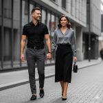 Ultra-realistic 8K editorial photo of a fashionable couple walking confidently through a sleek urban environment. The man wears a black shirt with grey trousers and black loafers, while the woman wears a grey blouse and black skirt with subtle jewelry. Minimalistic modern aesthetic with cool tones and stylish expressions.